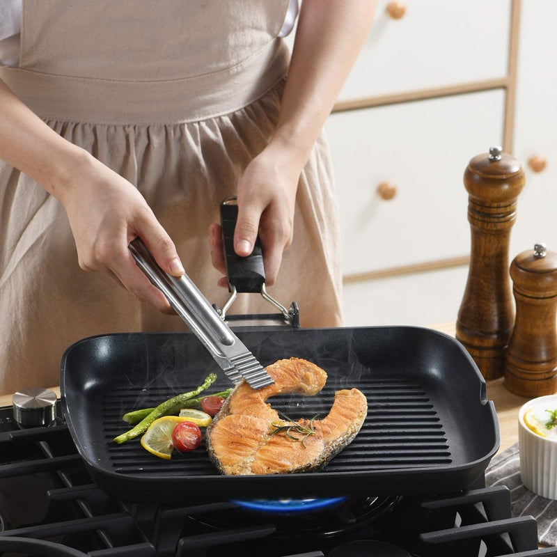 S·KITCHN Grill Pan with Folding Handle, Nonstick Grill Pan for Stove Tops, Induction Compatible KBBQ Grill Pan with Pour Spouts, Indoor Rectangle BBQ Grilling Pan - 13 × 9IN - Image 2