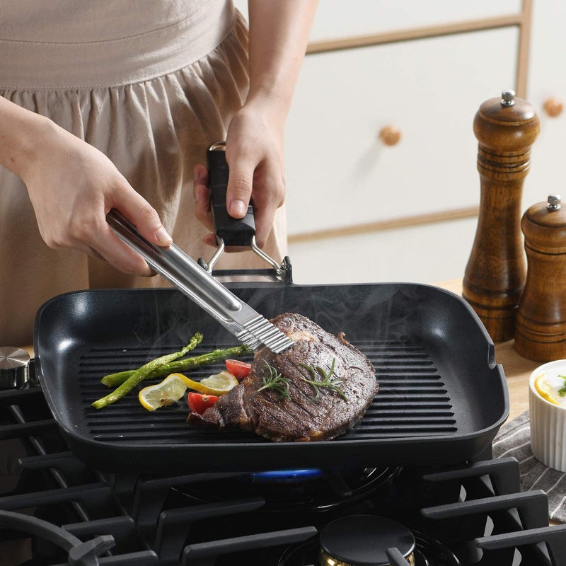 S·KITCHN Grill Pan with Folding Handle, Nonstick Grill Pan for Stove Tops, Induction Compatible KBBQ Grill Pan with Pour Spouts, Indoor Rectangle BBQ Grilling Pan - 13 × 9IN - Image 3