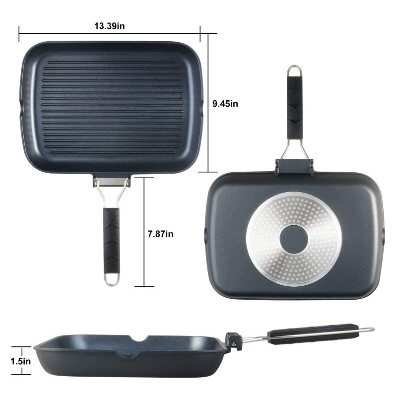 S·KITCHN Grill Pan with Folding Handle, Nonstick Grill Pan for Stove Tops, Induction Compatible KBBQ Grill Pan with Pour Spouts, Indoor Rectangle BBQ Grilling Pan - 13 × 9IN - Image 5