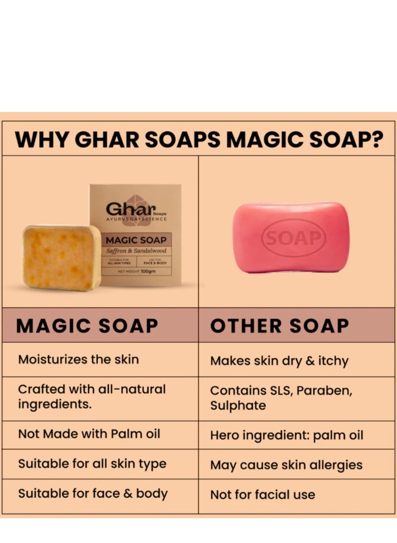 Ghar soaps - Magic Soap | Sandalwood & Saffron Bar Soap | Brightening Soap for Dark Spot & Natural Glowing Skin Moisturizing for Face & Body Acne Scars | 100% Organic - Image 1