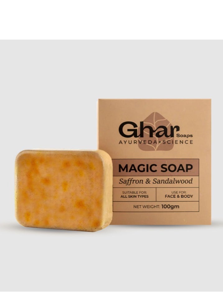 Ghar soaps - Magic Soap | Sandalwood & Saffron Bar Soap | Brightening Soap for Dark Spot & Natural Glowing Skin Moisturizing for Face & Body Acne Scars | 100% Organic - Image 1