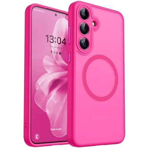 CANSHN Designed for Samsung Galaxy S24 FE Case [Full Camera Protection] [Compatible with MagSafe] Translucent Matte Shockproof Protective Phone Cover 6.7 Inch - Hot Pink - Image 1