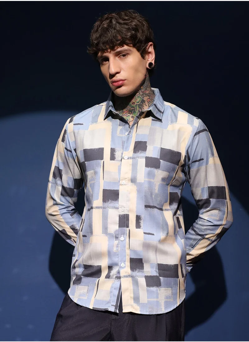كامبوس سوترا Men's Powder Blue & Pale Yellow Cubic-Overlap Shirt For Casual Wear | Spread Collar | Long Cuffed Sleeves | Button Closure | Shirt Shirt Crafted With Comfort Fit For Everyday Wear