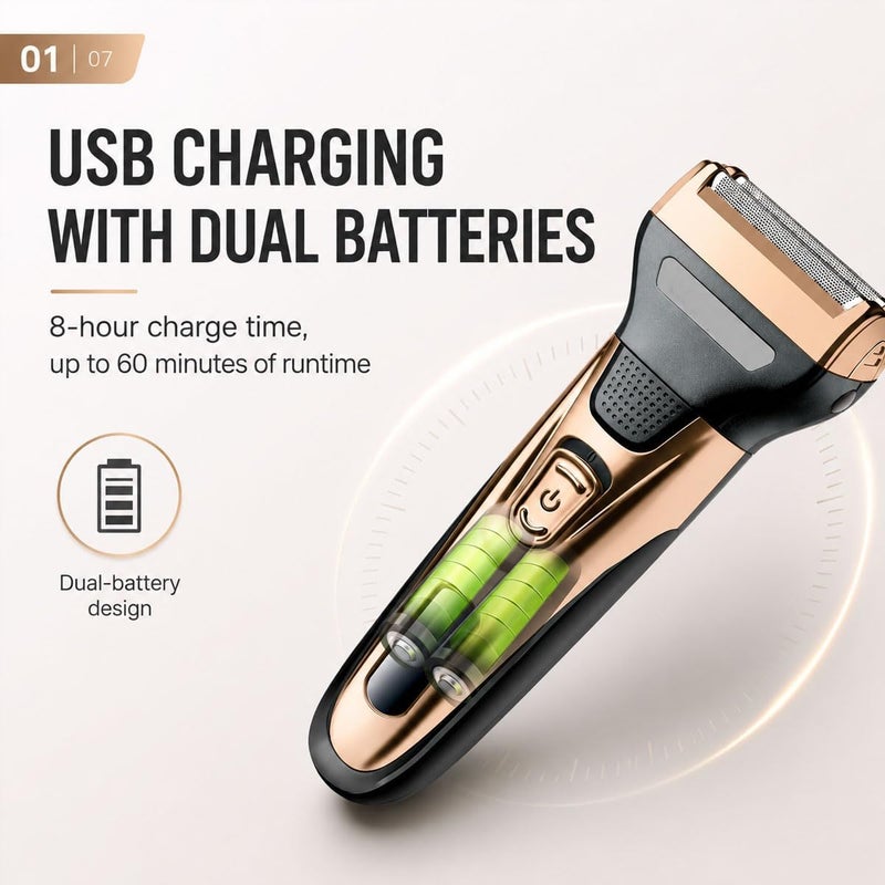ECVV 3-in-1 Rechargeable Men's Grooming Kit, Electric Shaver, Hair Clipper & Nose Trimmer, Cordless USB Charging Groomer, Stainless Steel Blades for Beard, Hair & Facial Grooming (Gold&Black) - Image 2
