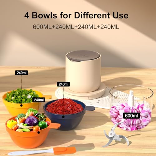 Amsdifio Electric Chopper, Rechargeable Vegetable Chopper with 3000mAh Large Capacity Battery, Onion Chopper for Kitchen with 600ml Bowl & 3 * 240ml Food Grade Bowls, Butterfly Chopper for Kitchen - Image 2