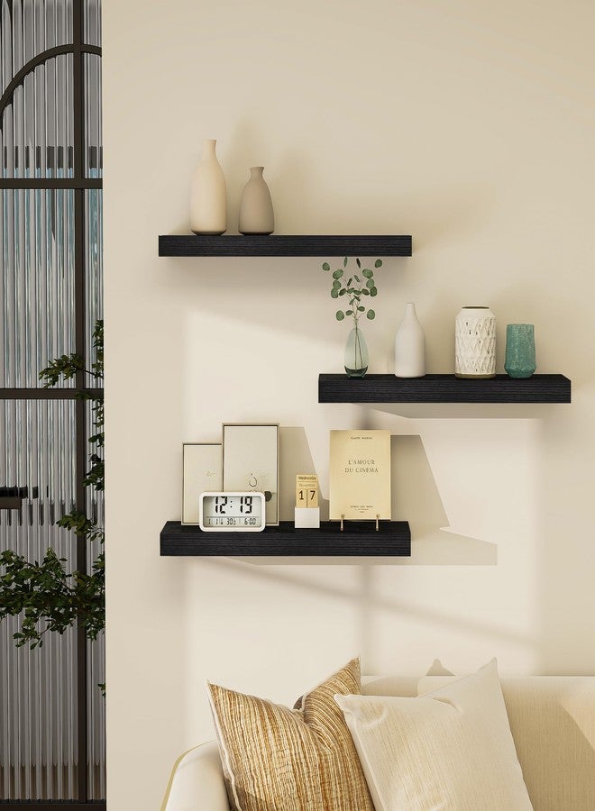 Vervida Black Floating Shelves for Wall, 24" Rustic Wood Deep Wall Mounted Shelves with Invisible Brackets for Decor & Storage, Floating Shelf for Living Room, Bathroom (Set of 3) - Image 5