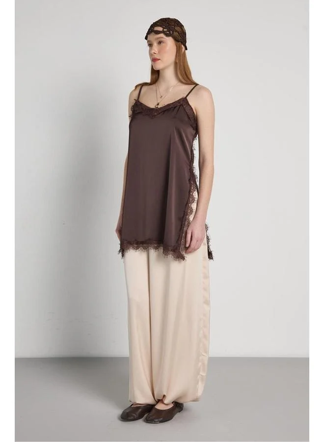 mina aise Women's Brown Satin Blouse with Lace Details and Straps 31015.