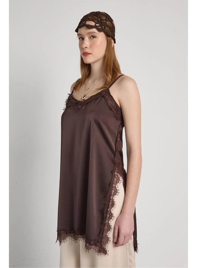mina aise Women's Brown Satin Blouse with Lace Details and Straps 31015.