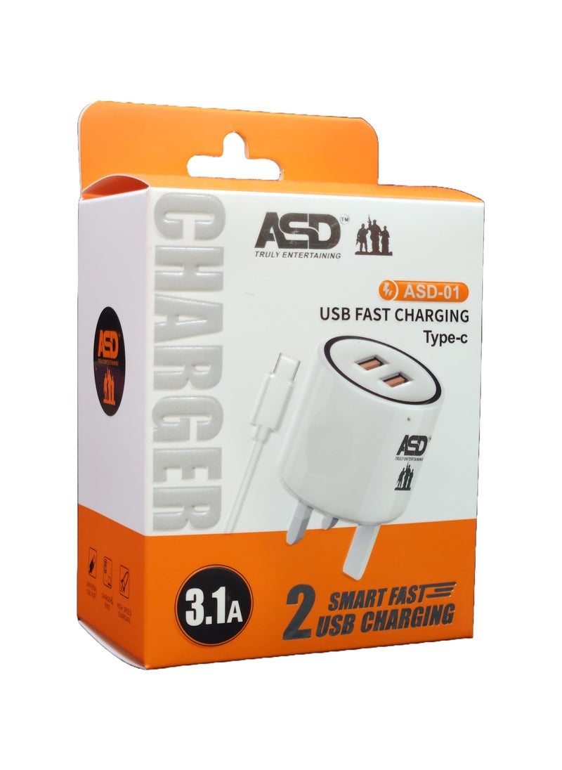 ASD Dual USB Mobile Charger with Type-C Cable for ios and Android - ASD-01  - Image 2