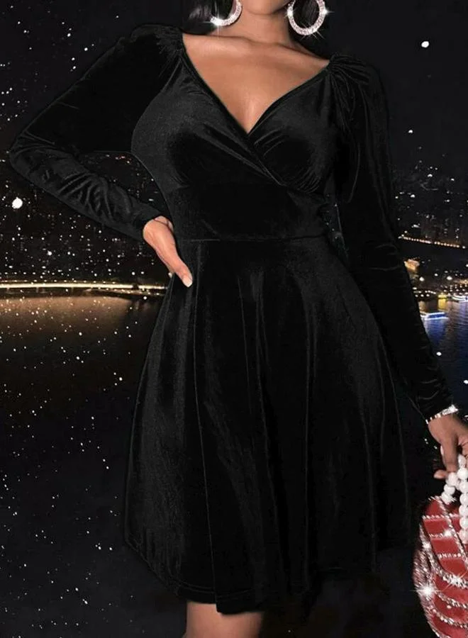 Take Two Women Black Velvet Look V-Neck Mini Dress