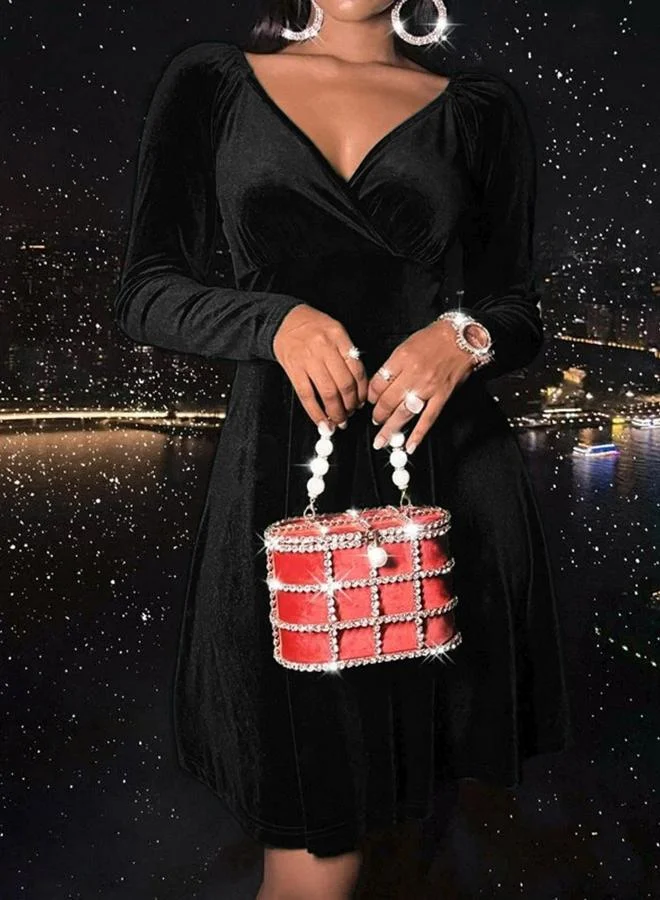 Take Two Women Black Velvet Look V-Neck Mini Dress