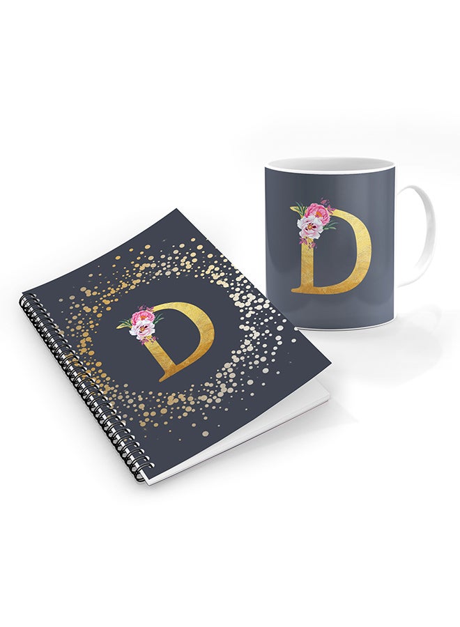 Stylizedd Printed Coffee Mug + A5 Spiral Notebook Memo Personalised Combo Gift Set Custom Monogram Initial Letter Floral Pattern Alphabet - D  (Grey )