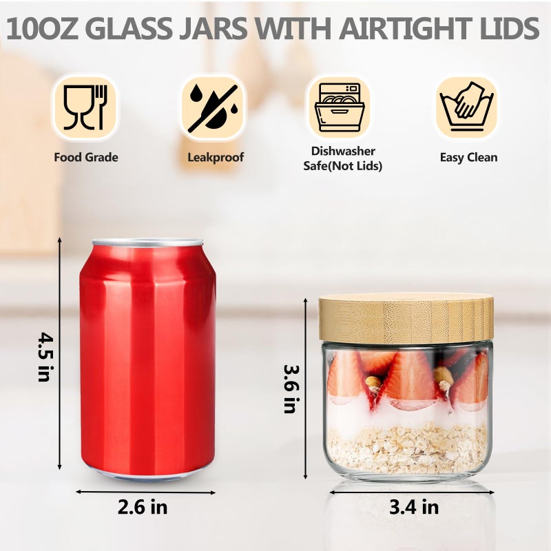 TBWIND 4 Pack 10oz Glass Jars with Bamboo Lids, Spoons, Airtight Overnight Oats Containers, Wide Mouth Mason Jars, Food Storage Container for Yogurt Salad Snacks Spice Sugar Meal Prep â€“ Reusable - Image 3
