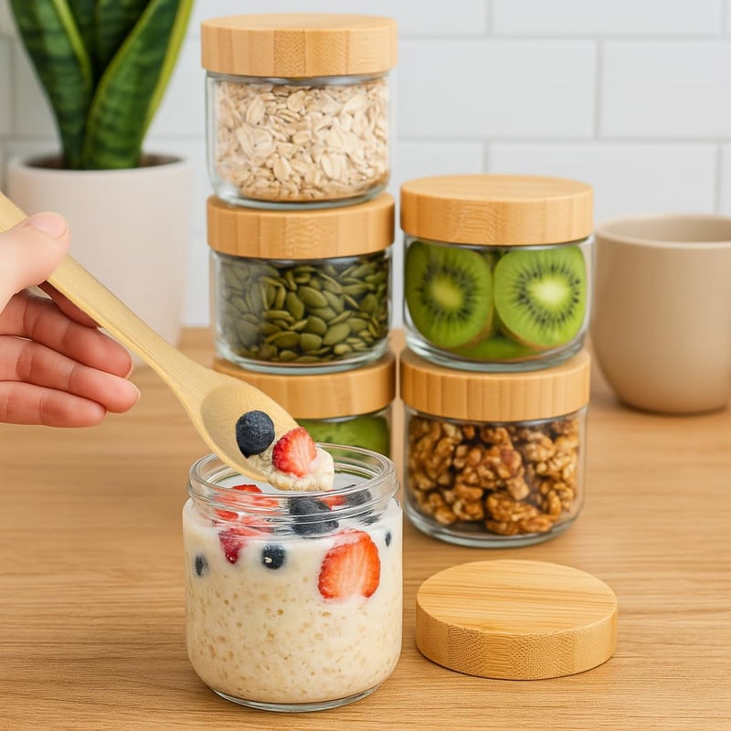 TBWIND 4 Pack 10oz Glass Jars with Bamboo Lids, Spoons, Airtight Overnight Oats Containers, Wide Mouth Mason Jars, Food Storage Container for Yogurt Salad Snacks Spice Sugar Meal Prep â€“ Reusable - Image 4