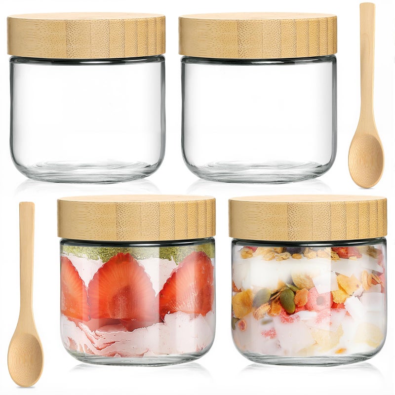 TBWIND 4 Pack 10oz Glass Jars with Bamboo Lids, Spoons, Airtight Overnight Oats Containers, Wide Mouth Mason Jars, Food Storage Container for Yogurt Salad Snacks Spice Sugar Meal Prep â€“ Reusable - Image 1