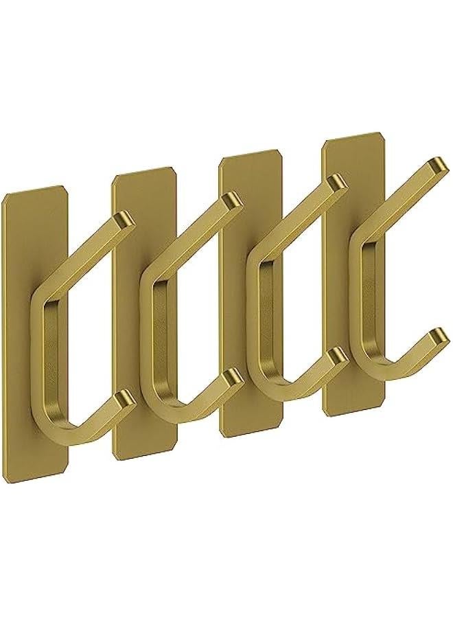 Brushed Gold Self Adhesive Towel Hooks for Bathroom Wall Door Mounted - SUS304 Stainless Steel Strong Strips Stick on 3M Wall Hooks for Hanging Coat, Hat, Bag, Key, Jacket – 4 Pack