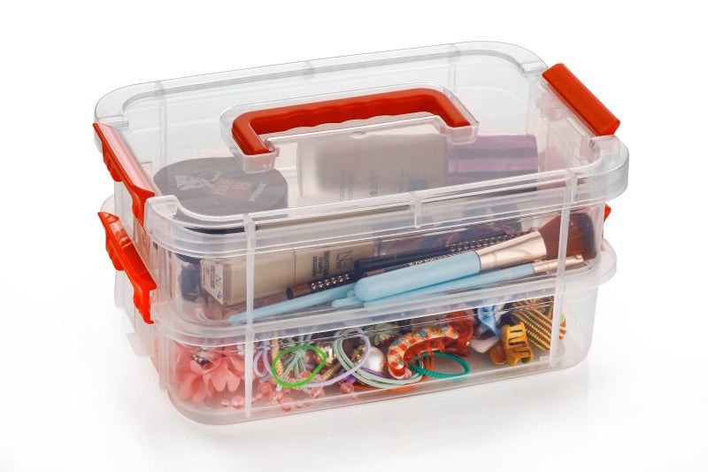 HOLLIO plastic boxes for Storage transparent boxes for storage, Portable & Stackable Space Saving Organiser with Lid for Medicine, Jewelry, Arts & Crafts, Buttons, Beads (Red, 4 TIER) - Image 3