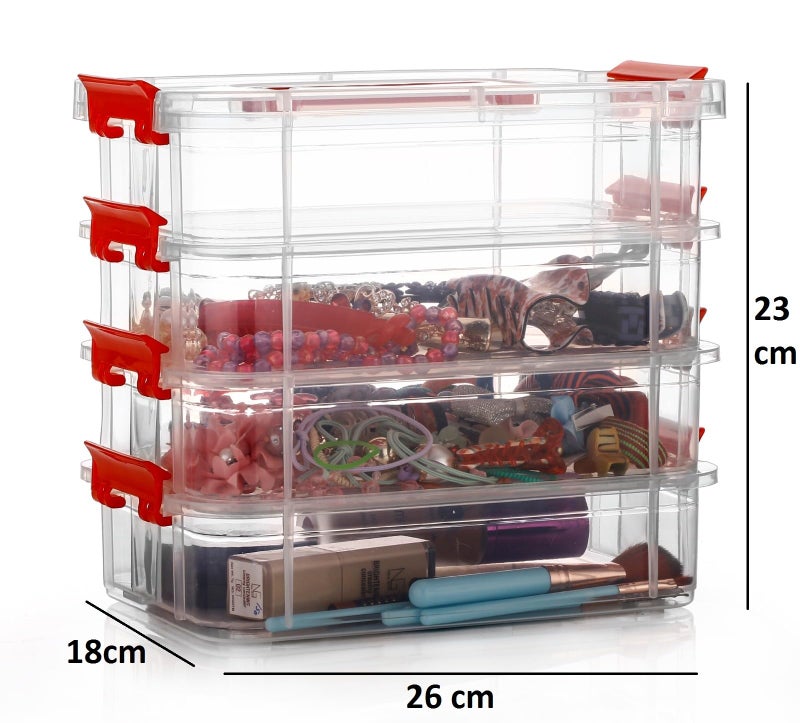 HOLLIO plastic boxes for Storage transparent boxes for storage, Portable & Stackable Space Saving Organiser with Lid for Medicine, Jewelry, Arts & Crafts, Buttons, Beads (Red, 4 TIER) - Image 2