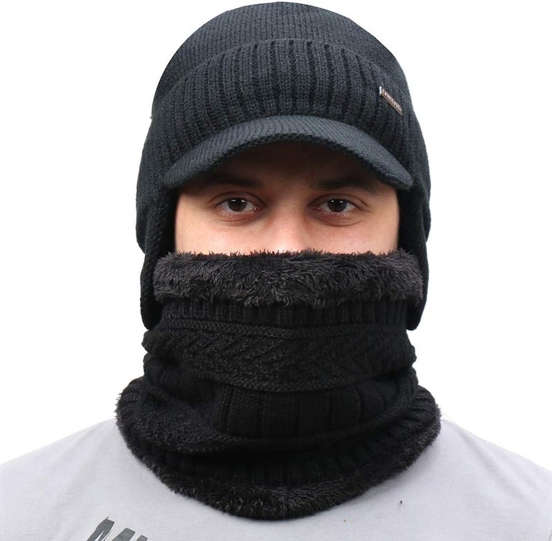 CAMOLAND Winter Beanie w/Visor & Earflaps for Men Outdoor Fleece Hat Scarf Set - Image 2