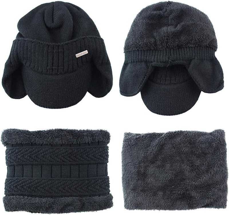 CAMOLAND Winter Beanie w/Visor & Earflaps for Men Outdoor Fleece Hat Scarf Set - Image 3