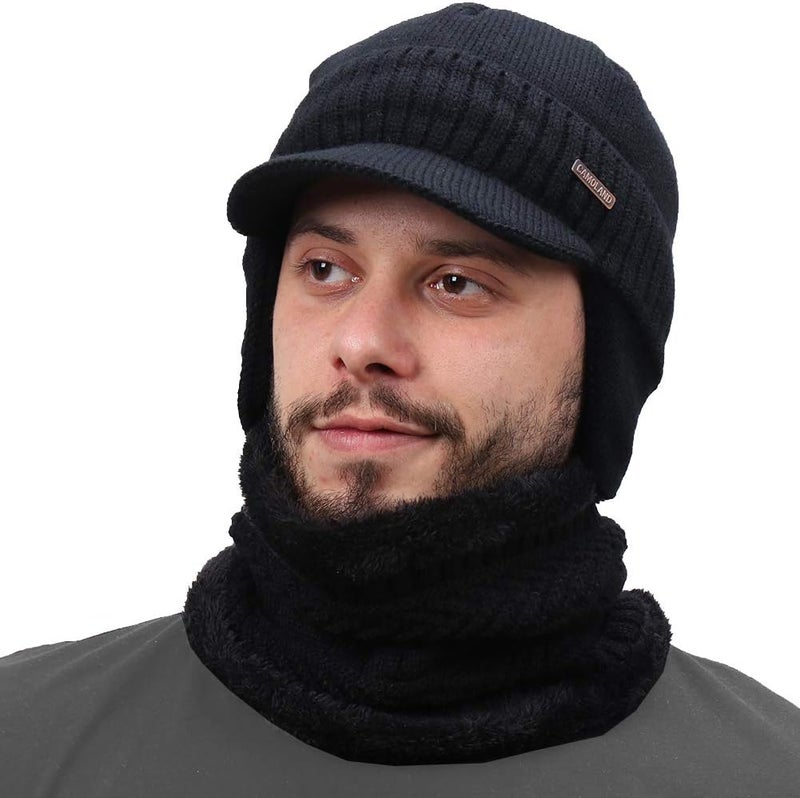 CAMOLAND Winter Beanie w/Visor & Earflaps for Men Outdoor Fleece Hat Scarf Set - Image 1