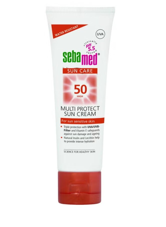 Sebamed Sun Care Multi Protect Sun Cream SPF 50 is designed for sun-sensitive skin. It features a triple protection system with UVA/UVB filters and Vitamin E to safeguard against sun 75ml