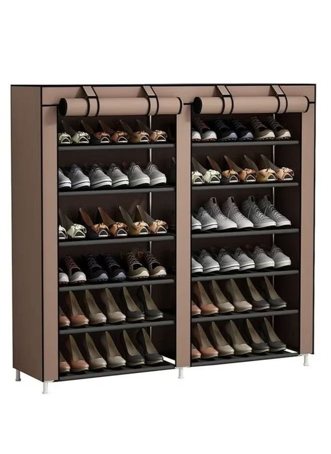 Generic Double-row 6-layer shoe rack, non-woven fabric cover shoe storage cabinet, corridor, doorway, living room shoe rack brown  - Image 1