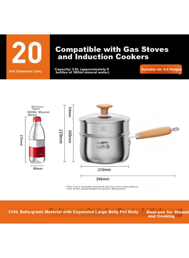 Joyoung 316l Stainless Steel Milk Pot 0 Coating Baby Food Supplement Pot Yukihira Pot Instant Noodle Small Milk Pot Soup Pot With Steamer 20cm - Image 1