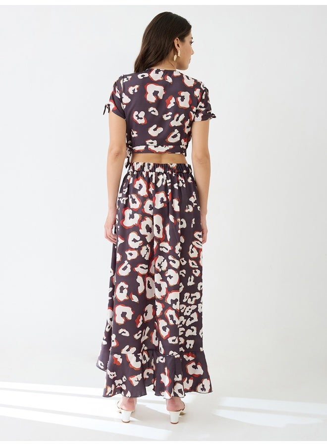 globus Globus Women Wrap Neck Animal Printed Crop Top & High-Rise Ruffled Maxi Skirt Fusion Co-Ord Set - Image 3