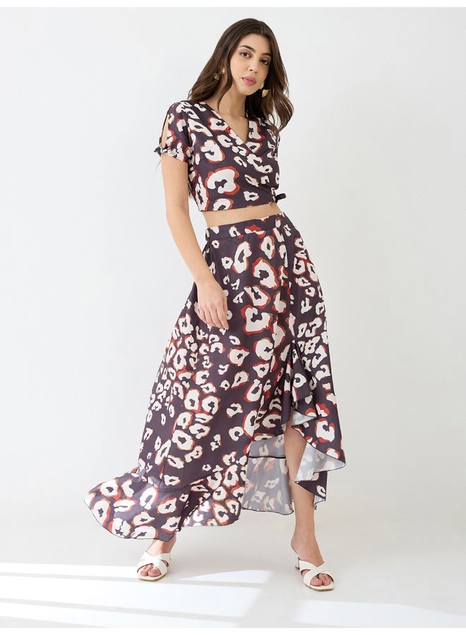globus Globus Women Wrap Neck Animal Printed Crop Top & High-Rise Ruffled Maxi Skirt Fusion Co-Ord Set - Image 1