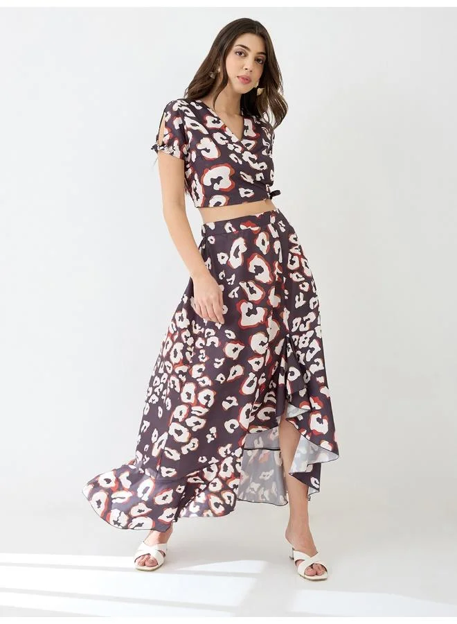 Globus Women Wrap Neck Animal Printed Crop Top & High-Rise Ruffled Maxi Skirt Fusion Co-Ord Set