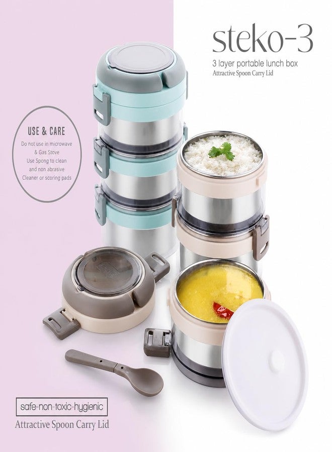 Gcrox Stainless Steel 3 Layer Portable Lunch Box with Attractive Spoon for Office & School Use/Food Grade/Air Tight/Easy to Carry/Leak Proof (1100ml) Cream - Image 5