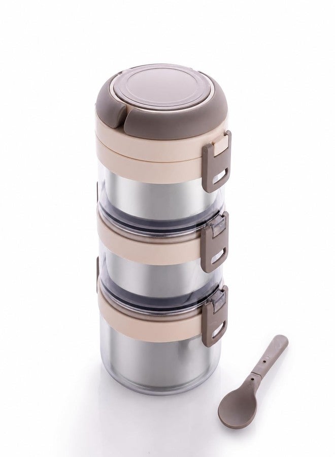 Gcrox Stainless Steel 3 Layer Portable Lunch Box with Attractive Spoon for Office & School Use/Food Grade/Air Tight/Easy to Carry/Leak Proof (1100ml) Cream - Image 1