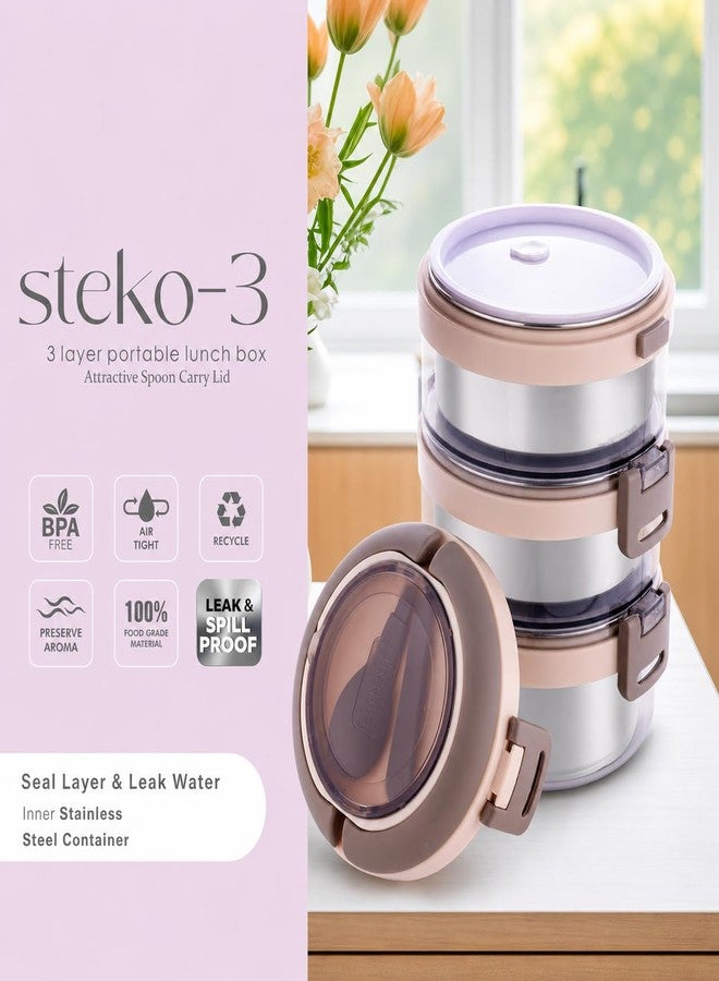 Gcrox Stainless Steel 3 Layer Portable Lunch Box with Attractive Spoon for Office & School Use/Food Grade/Air Tight/Easy to Carry/Leak Proof (1100ml) Cream - Image 4