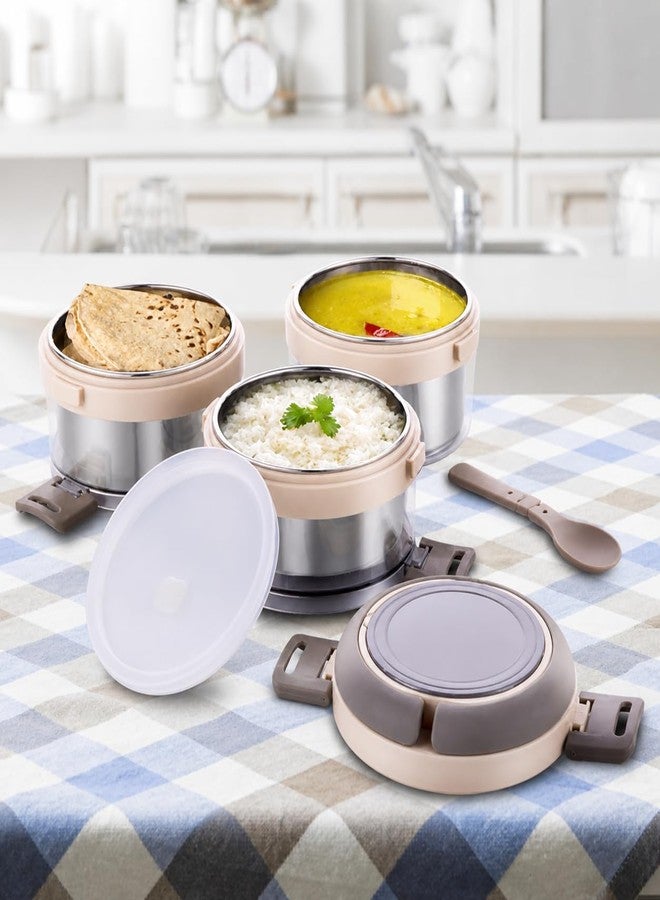 Gcrox Stainless Steel 3 Layer Portable Lunch Box with Attractive Spoon for Office & School Use/Food Grade/Air Tight/Easy to Carry/Leak Proof (1100ml) Cream - Image 2