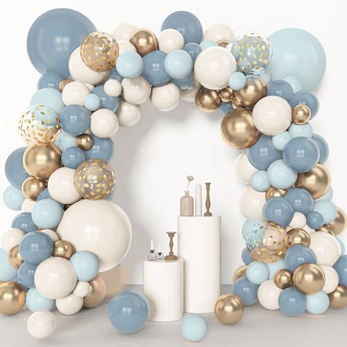 Amandir 153pcs Dusty Blue Balloon Garland Arch Kit, Different Sizes 18 12 10 5 inch Blue White Sand Latex Metallic Confetti Gold Balloons for Boys Birthday Boho Baby Shower Party Decoration Supplies - Image 5