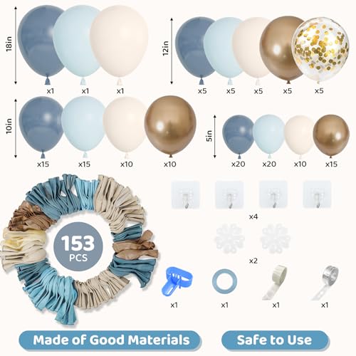 Amandir 153pcs Dusty Blue Balloon Garland Arch Kit, Different Sizes 18 12 10 5 inch Blue White Sand Latex Metallic Confetti Gold Balloons for Boys Birthday Boho Baby Shower Party Decoration Supplies - Image 2