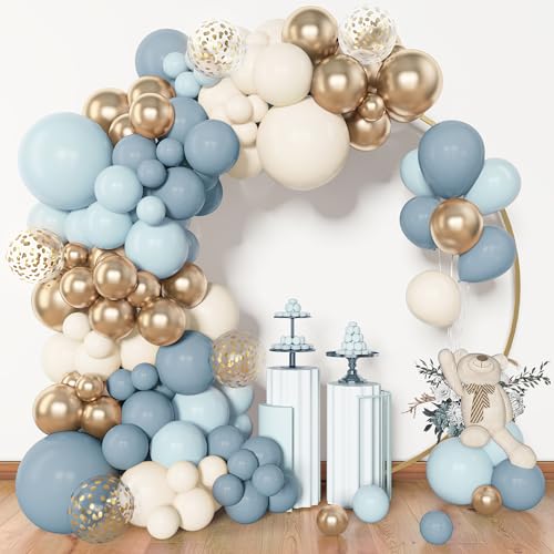 Amandir 153pcs Dusty Blue Balloon Garland Arch Kit, Different Sizes 18 12 10 5 inch Blue White Sand Latex Metallic Confetti Gold Balloons for Boys Birthday Boho Baby Shower Party Decoration Supplies - Image 1