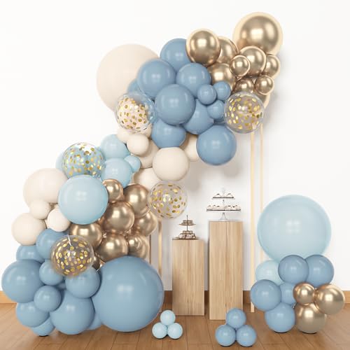 Amandir 153pcs Dusty Blue Balloon Garland Arch Kit, Different Sizes 18 12 10 5 inch Blue White Sand Latex Metallic Confetti Gold Balloons for Boys Birthday Boho Baby Shower Party Decoration Supplies - Image 4