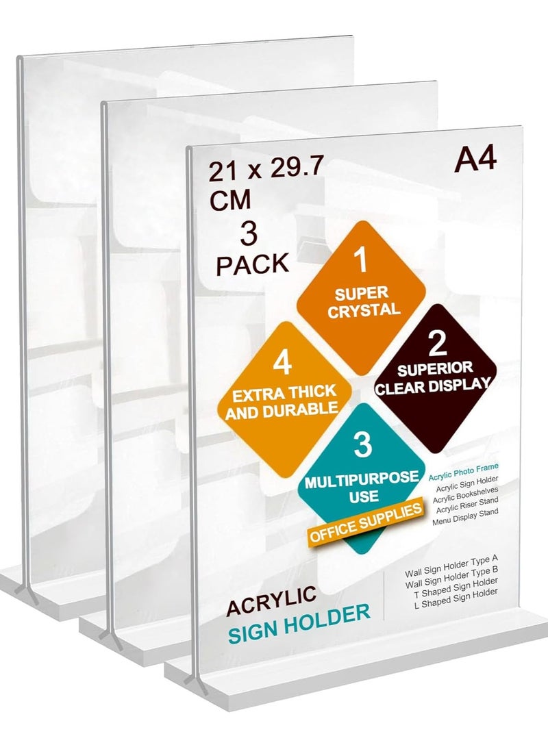 3packs A4 Menu Holders,Double Side Display,Acrylic Sign Holder,Clear Poster Holder Perspex Display Stand - Image 1