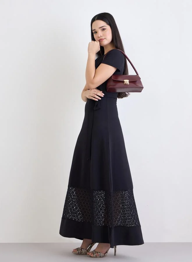 Styli Black A-Line Maxi Dress with Belt