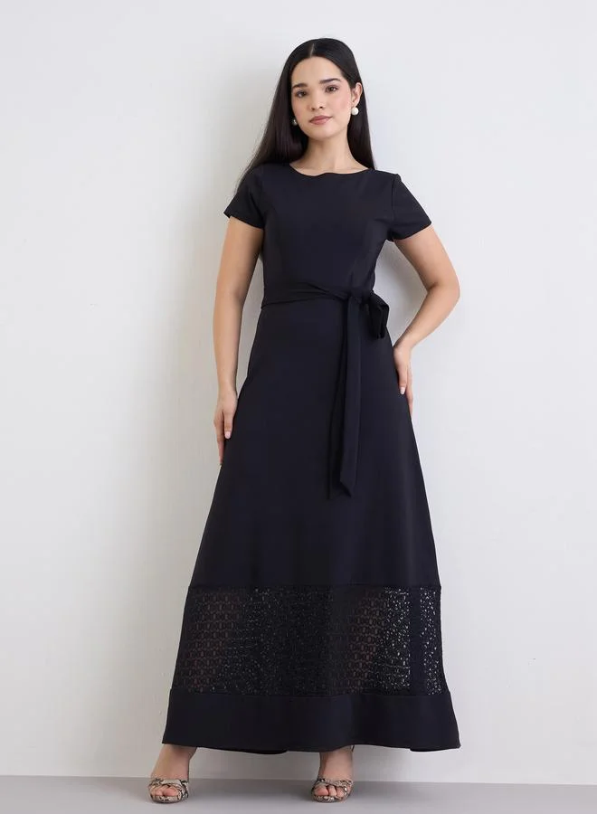 Styli Black A-Line Maxi Dress with Belt