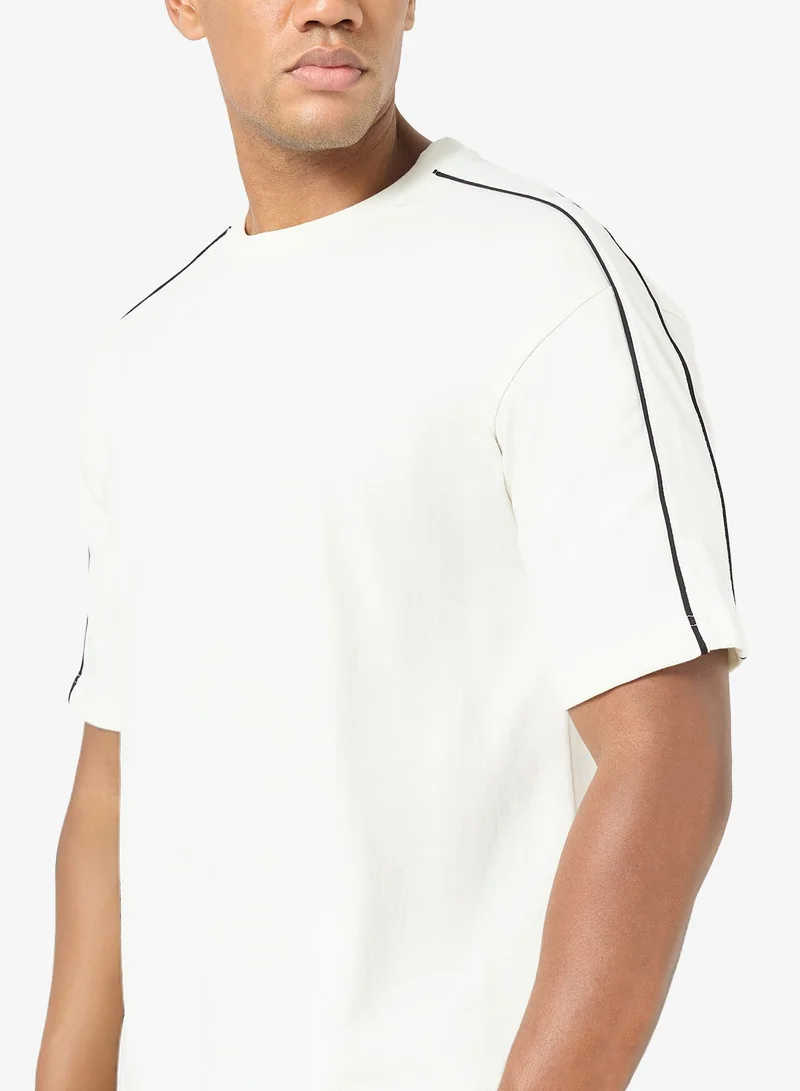 Seventy Five CREAM 220Gsm T-Shirt With Piping Detail On Sleeve for Men | Best Price UAE