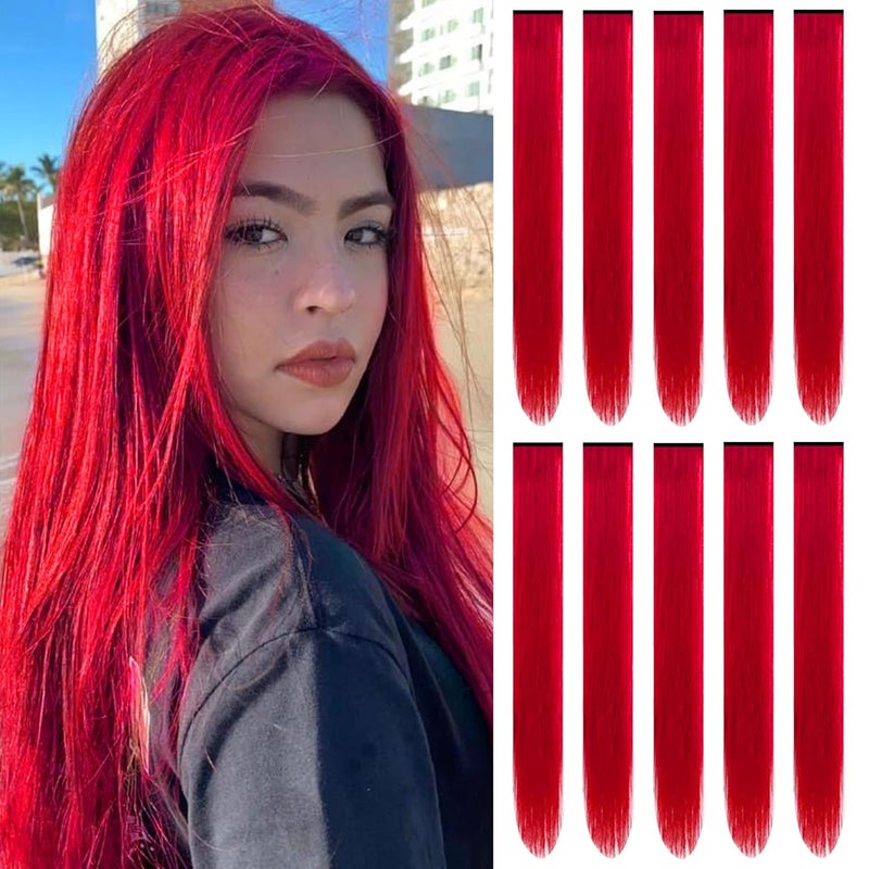 22 inch Colored Hair Extensions Straight Hairpiece, Colorful Hair Extensions Party Highlights Clip in Long Synthetic Hair Extensions for Girls Women Kids Favor Gift(10 PCS Red)
