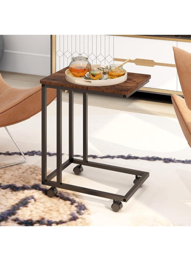 طاولة قهوة على شكل C مع عجلات، طاولة جانبية للأريكة وغرفة المعيشة، طاولة سناك متنقلة بسطح خشبي وهيكل معدني – أسود وبني - Image 4
