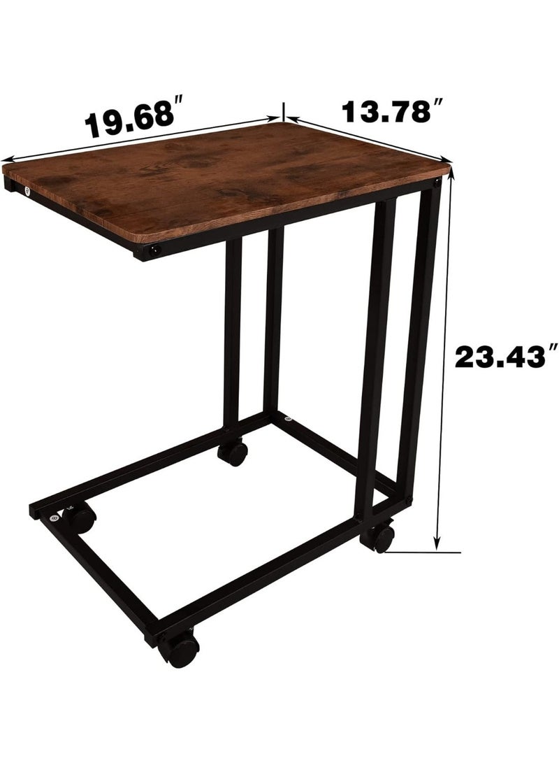طاولة قهوة على شكل C مع عجلات، طاولة جانبية للأريكة وغرفة المعيشة، طاولة سناك متنقلة بسطح خشبي وهيكل معدني – أسود وبني - Image 2