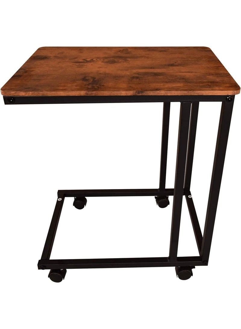 طاولة قهوة على شكل C مع عجلات، طاولة جانبية للأريكة وغرفة المعيشة، طاولة سناك متنقلة بسطح خشبي وهيكل معدني – أسود وبني - Image 3