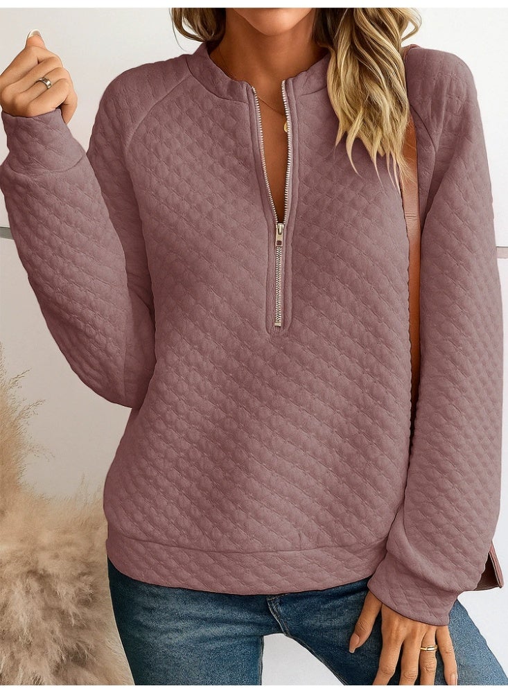 general Women Half Zip Up Quilted Sweatshirt Lightweight Crew Neck Long Sleeve Hoodies Loose Fall Fashion Textured Pullover Tops - Image 1