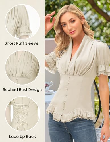 Scarlet Darkness Womens Work Tops Elegant Vintage Blouse Peplum Dressy Blouse Beige Button Down Shirt Beige S - Image 2