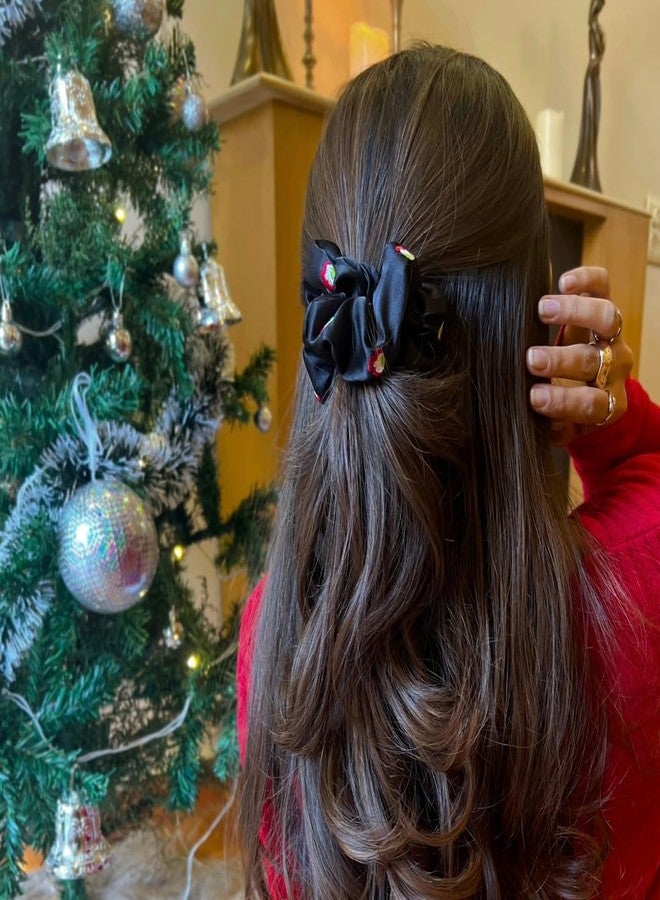 MasQ Satin Scrunchies for Women and Girls - Christmas Embroidered, Soft Elastic Hair Bands | Satin Poly Crepe | Perfect Christmas/Secret Santa gift | Red, White & Black, Pack of 3 - Image 5